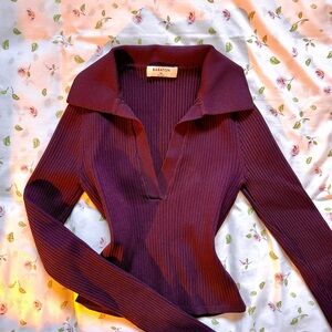 Babaton Ribbed Sculpt Knit Polo Top - Purple Size XS